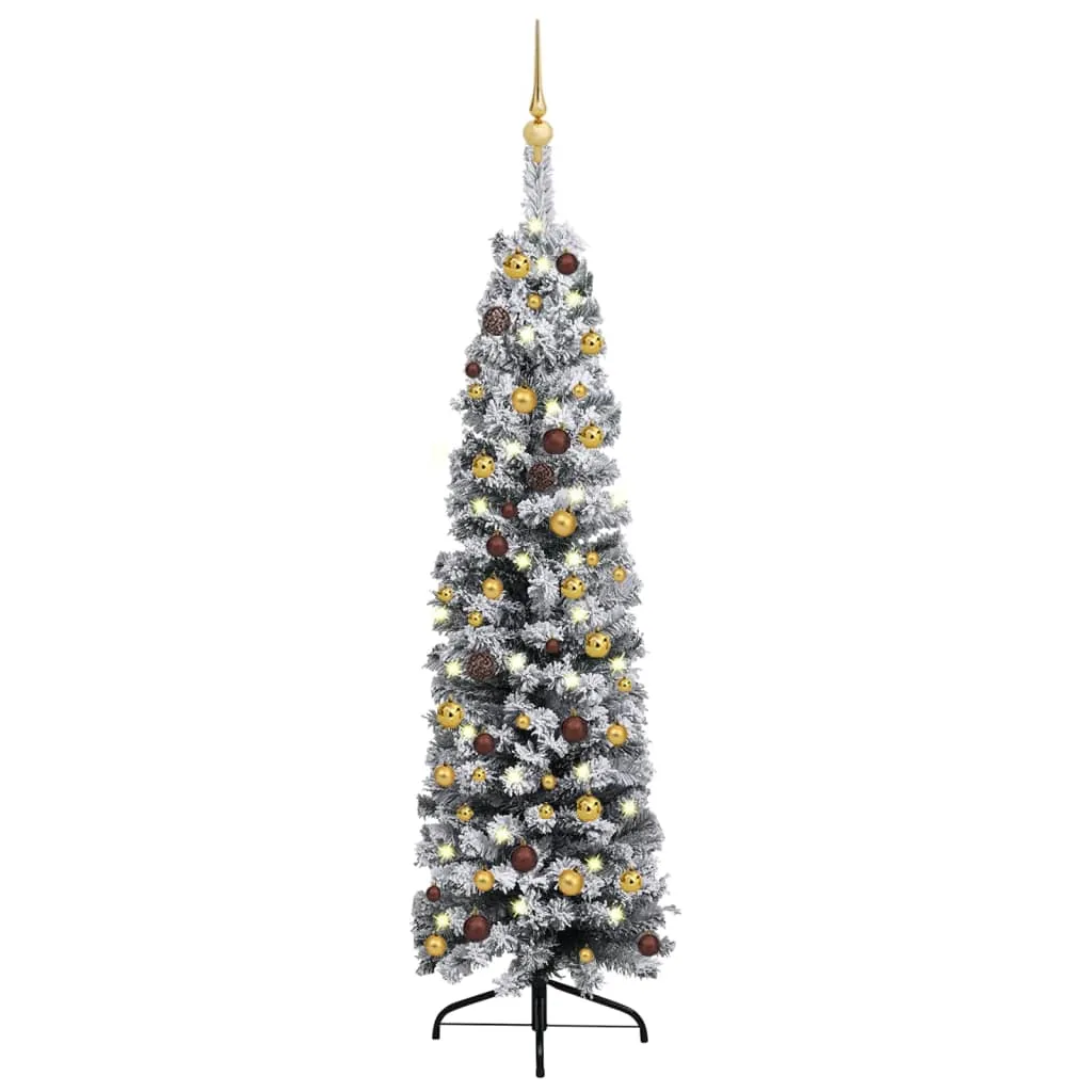 vidaXL Albero di Natale Sottile Preilluminato Palline Verde 120 cm PVC