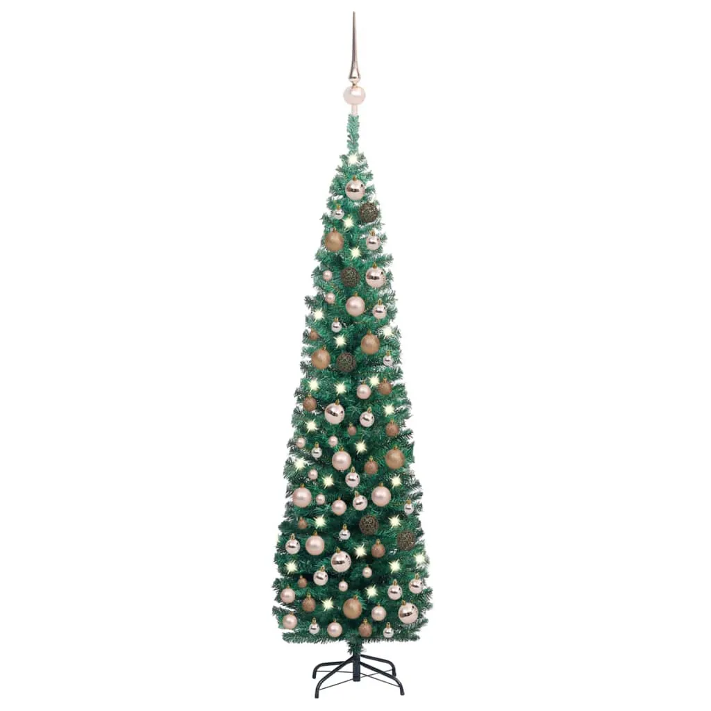 vidaXL Albero di Natale Sottile Preilluminato con Palline Verde 180 cm