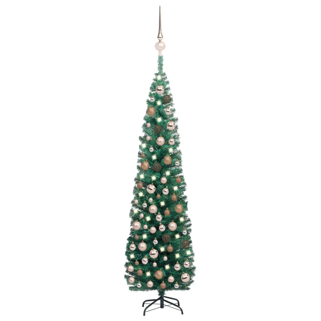 vidaXL Albero di Natale Sottile Preilluminato con Palline Verde 210 cm