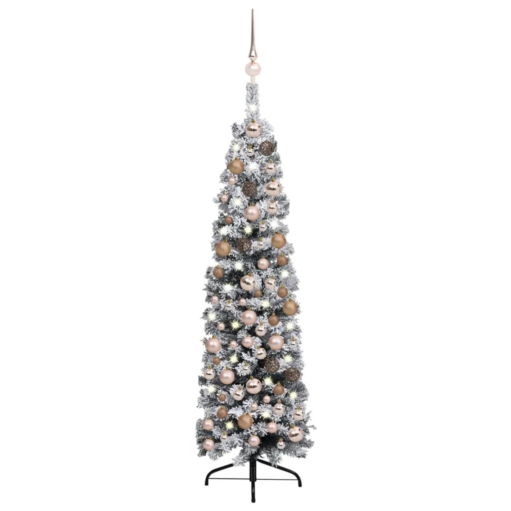 vidaXL Albero di Natale Sottile con Palline e Neve Verde 120 cm PVC