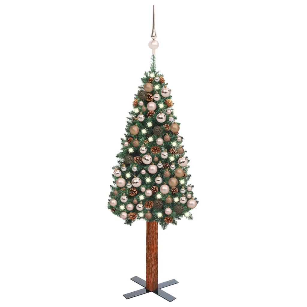 vidaXL Albero di Natale Sottile Preilluminato Palline Verde 150 cm PVC