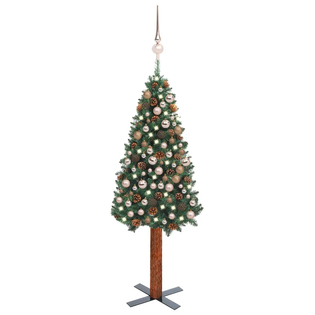 vidaXL Albero di Natale Sottile Preilluminato Palline Verde 210 cm PVC