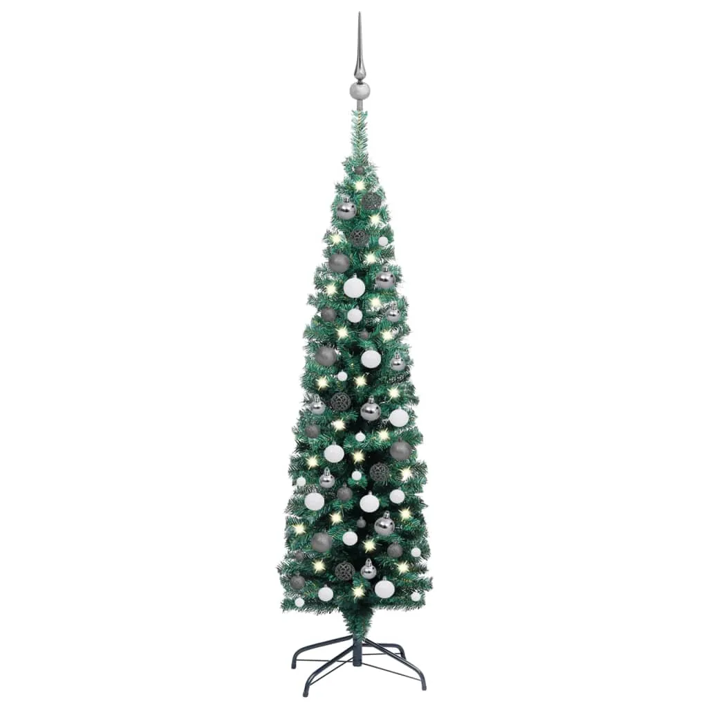 vidaXL Albero di Natale Sottile Preilluminato con Palline Verde 150 cm