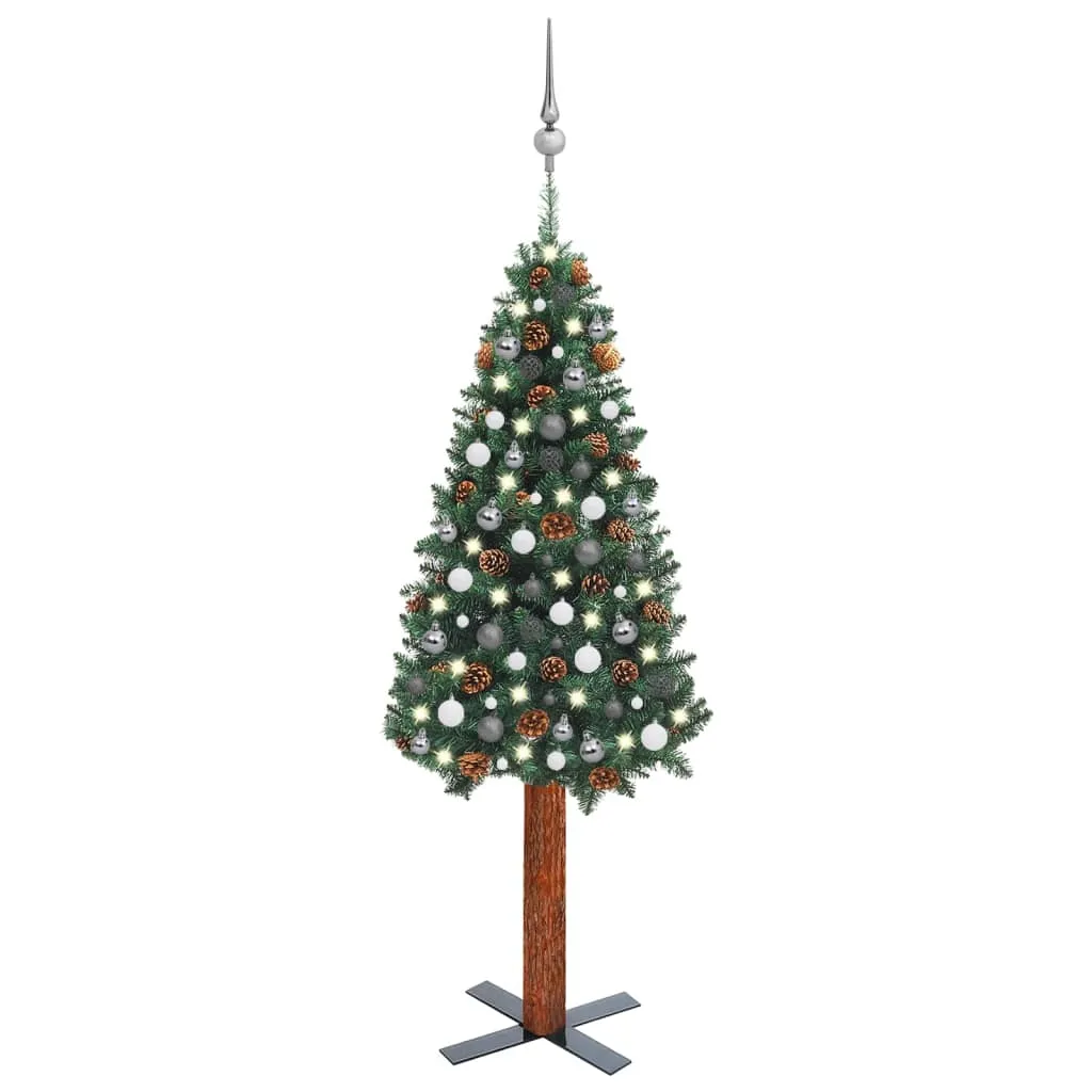 vidaXL Albero di Natale Sottile Preilluminato Palline Verde 180 cm PVC