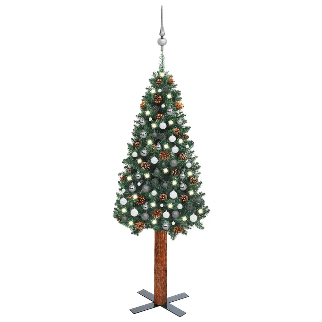 vidaXL Albero di Natale Sottile Preilluminato Palline Verde 210 cm PVC