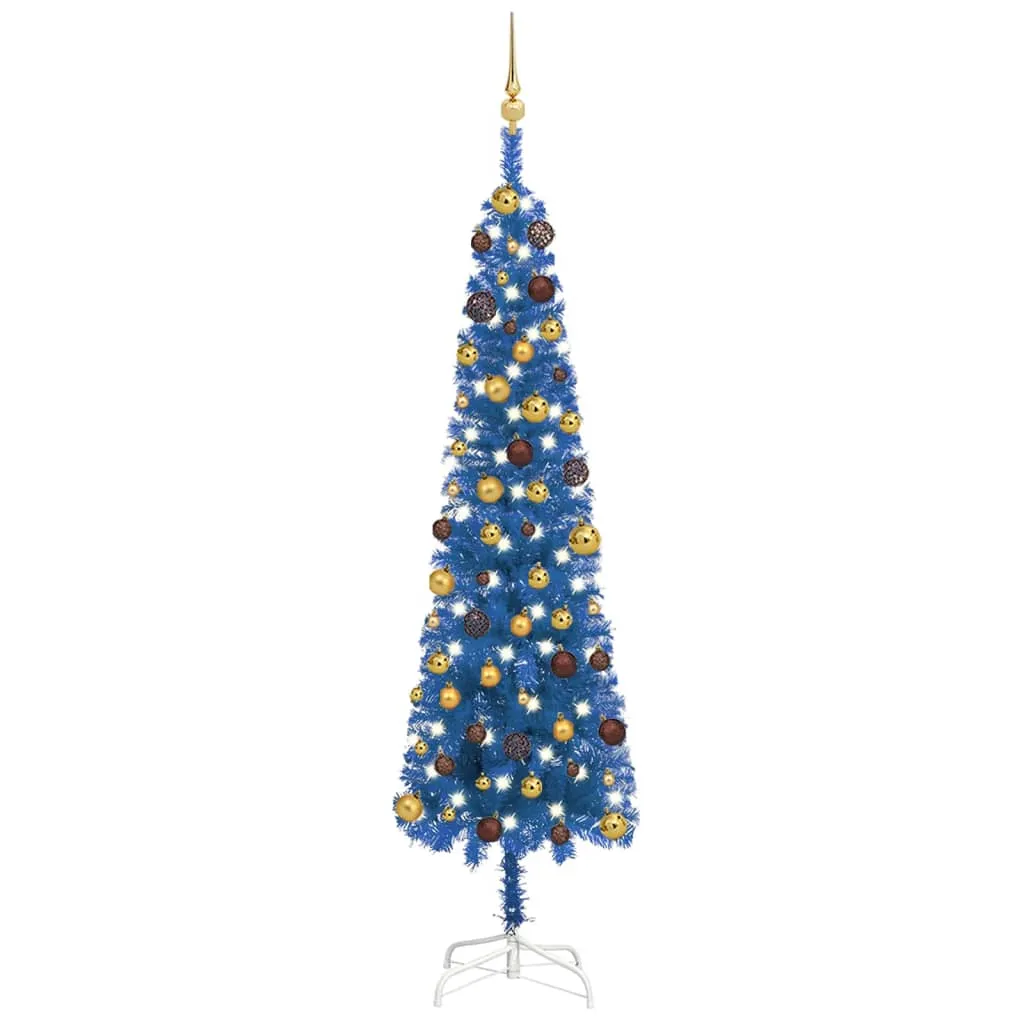 vidaXL Albero di Natale Sottile Preilluminato con Palline Blu 210 cm