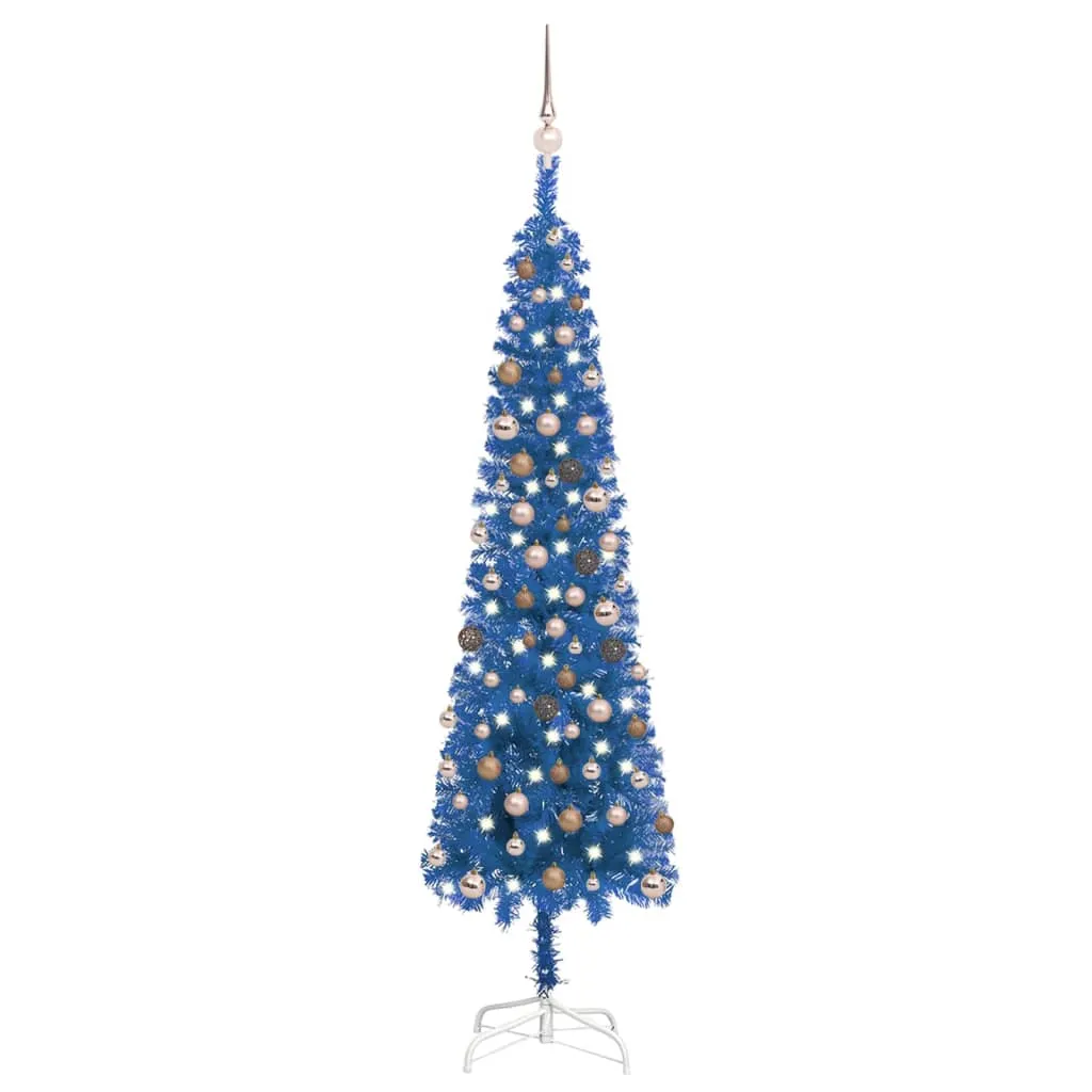 vidaXL Albero di Natale Sottile Preilluminato con Palline Blu 210 cm