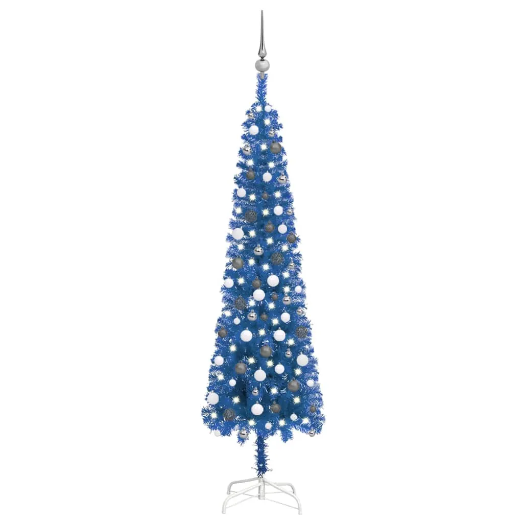 vidaXL Albero di Natale Sottile Preilluminato con Palline Blu 210 cm