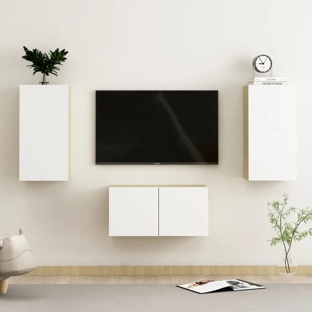 vidaXL Set Mobili TV 3 pz Bianco e Rovere Sonoma in Truciolato