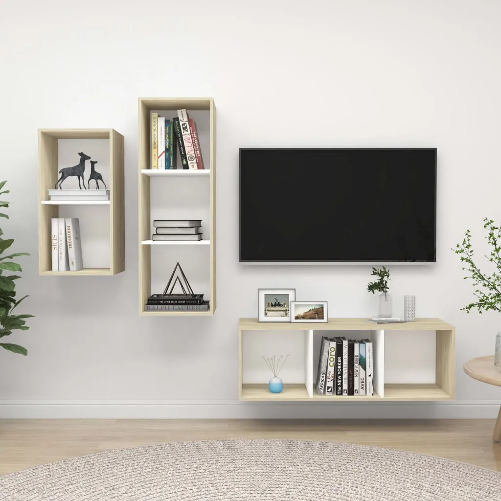 vidaXL Set Porta TV 3 pz Bianco e Rovere Sonoma in Truciolato