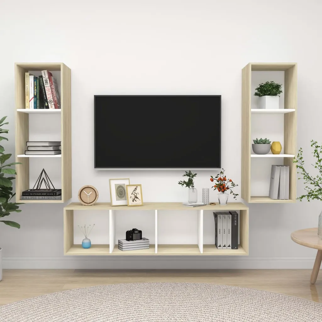 vidaXL Set Porta TV 3 pz Bianco e Rovere Sonoma in Truciolato