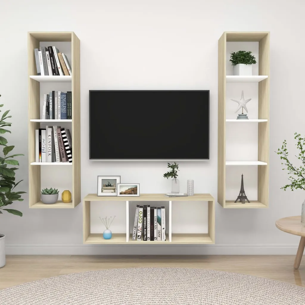 vidaXL Set Porta TV 3 pz Bianco e Rovere Sonoma in Truciolato