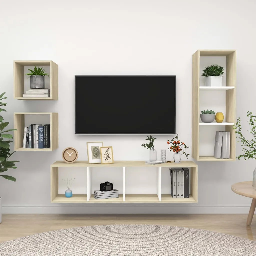 vidaXL Set Porta TV 4 pz Bianco e Rovere Sonoma in Truciolato