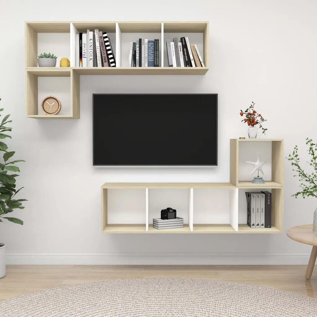 vidaXL Set Porta TV 4 pz Bianco e Rovere Sonoma in Truciolato