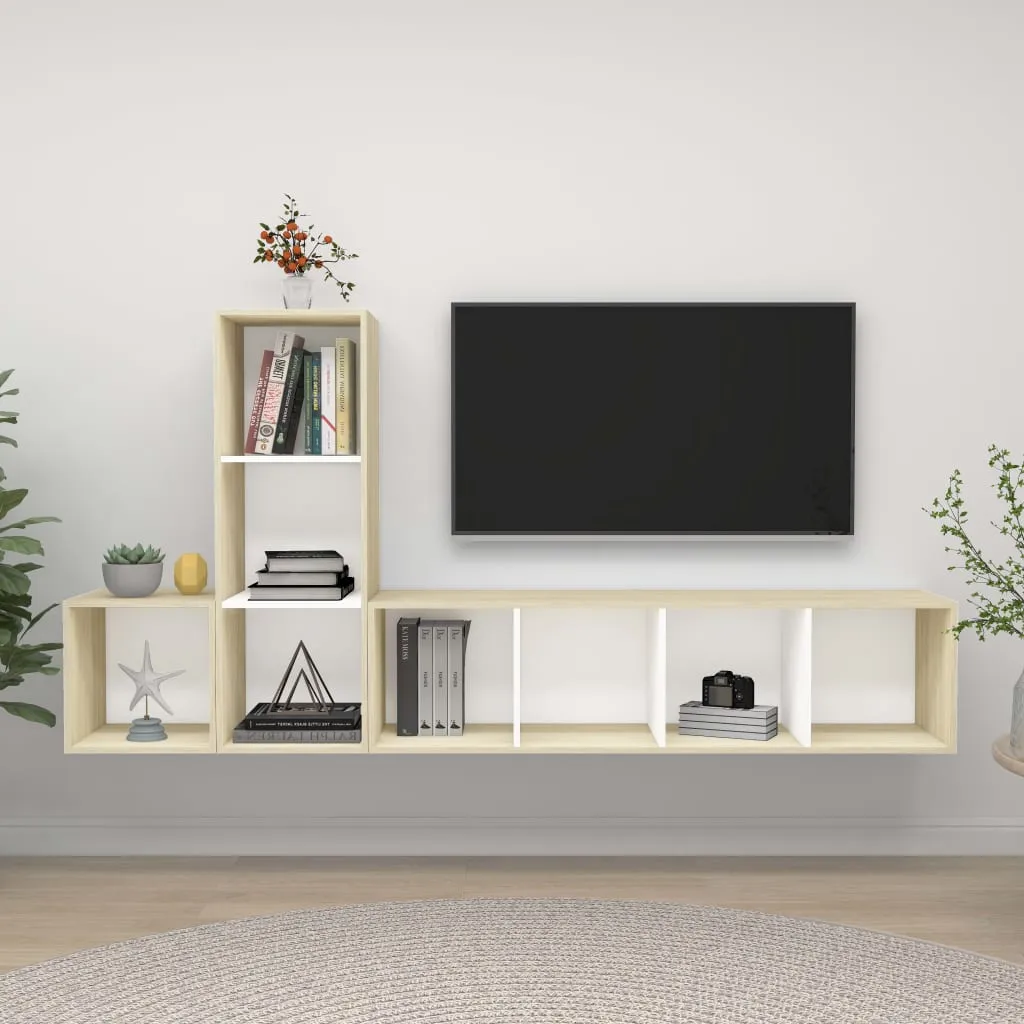 vidaXL Set Porta TV 3 pz Bianco e Rovere Sonoma in Truciolato