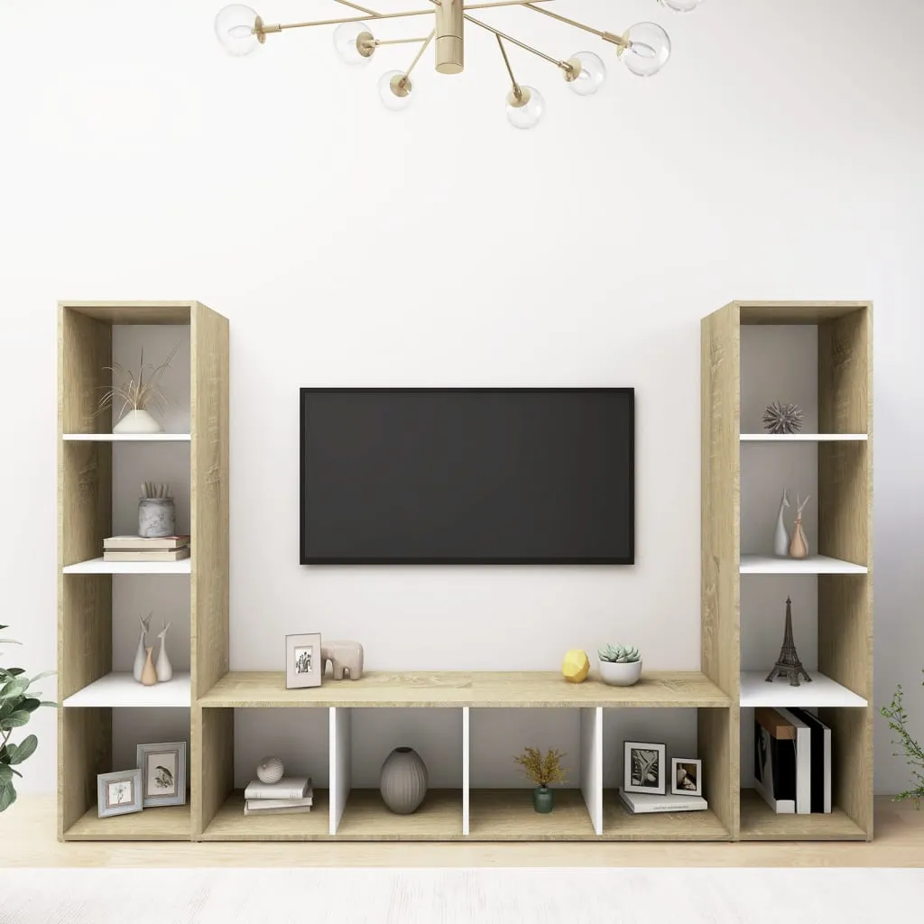 vidaXL Mobili TV 3 pz Bianco e Sonoma 142,5x35x36,5 cm in Truciolato