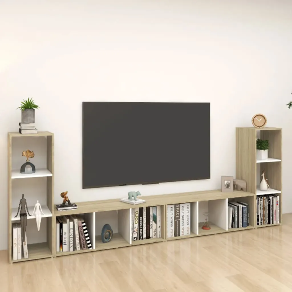 vidaXL Mobili TV 4 pz Bianchi e Rovere Sonoma 107x35x37 cm Truciolato