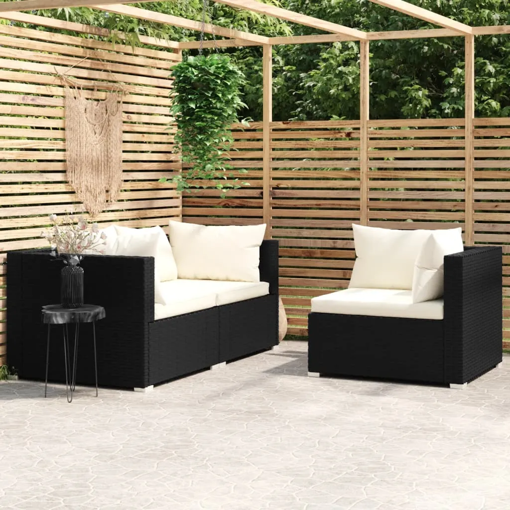 vidaXL Set Divani da Giardino 3 pz con Cuscini in Polyrattan Nero