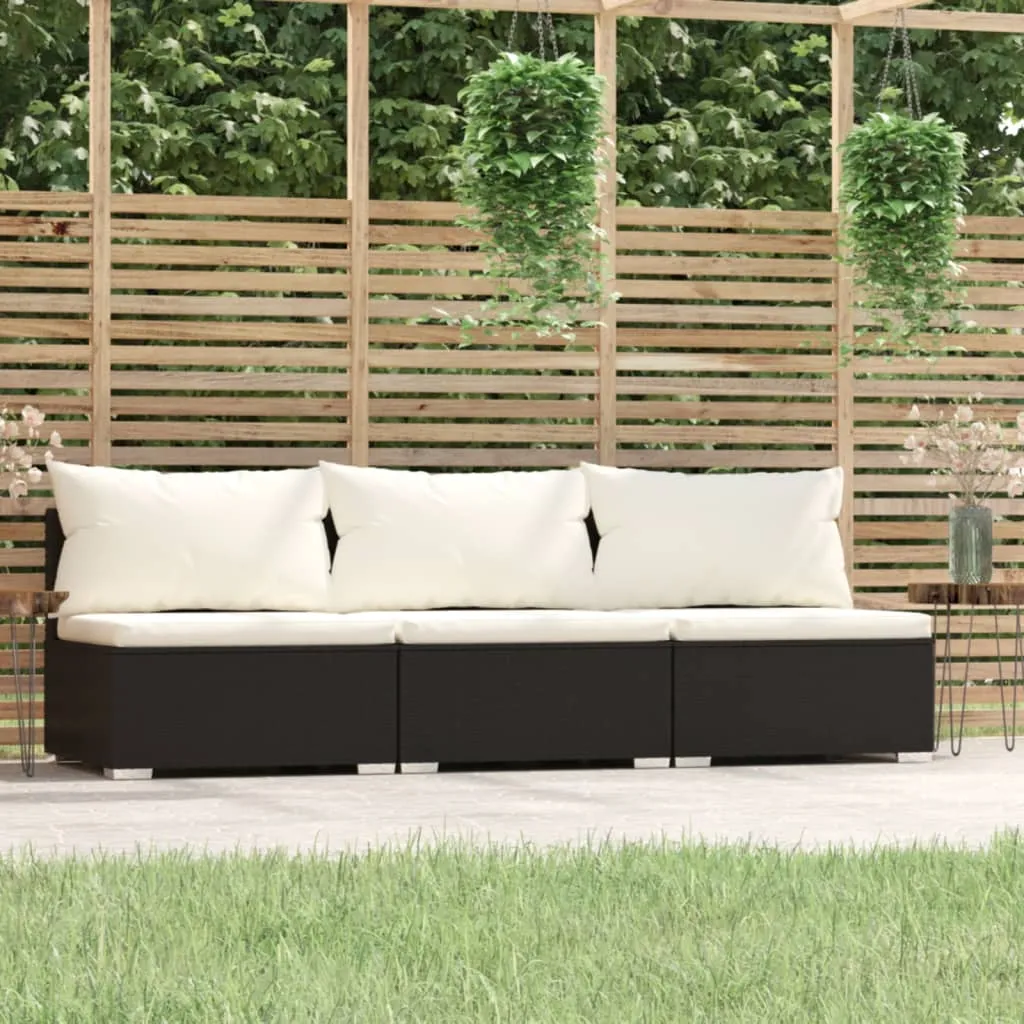 vidaXL Divano a 3 Posti con Cuscini in Polyrattan Nero