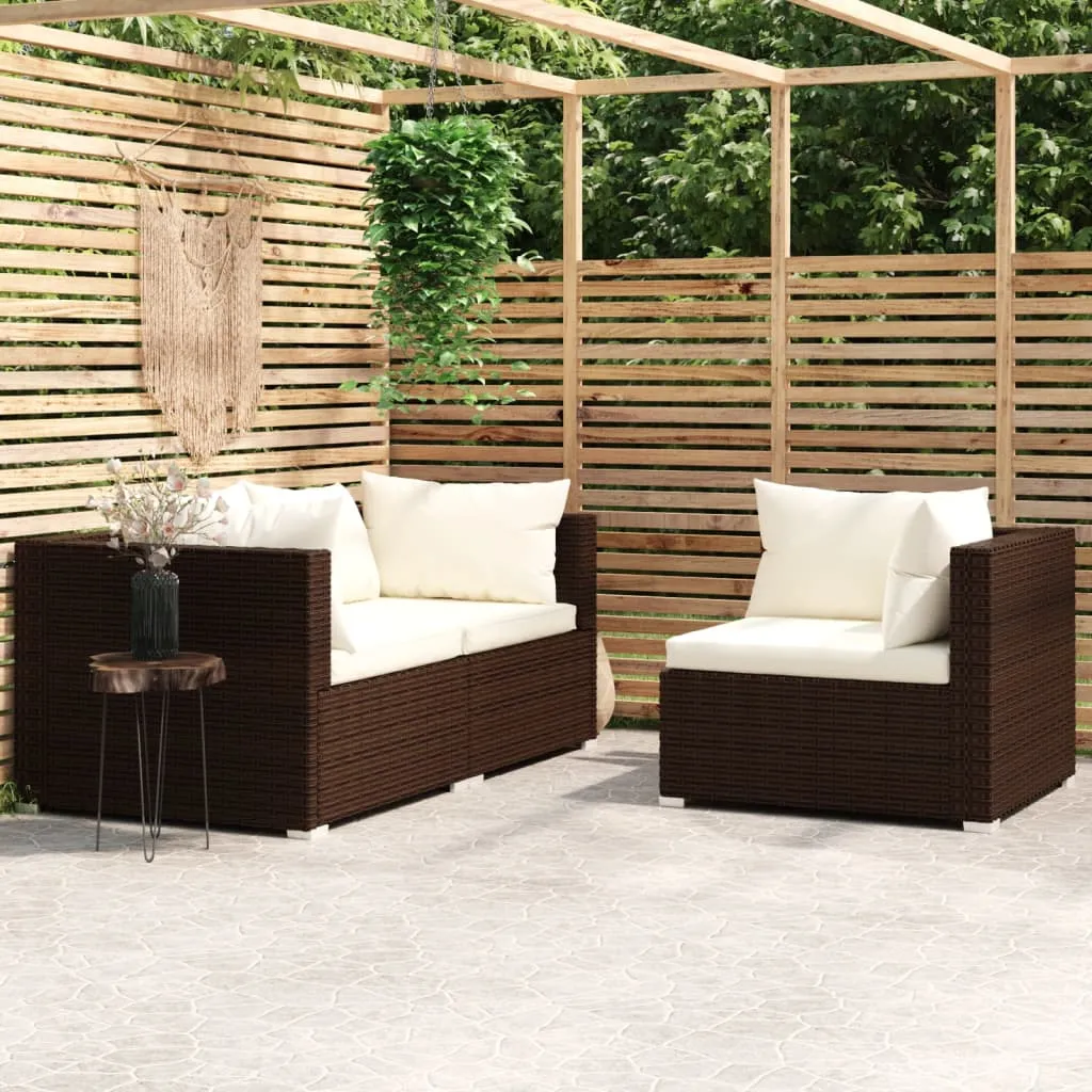 vidaXL Set Divani da Giardino 3 pz con Cuscini in Polyrattan Marrone