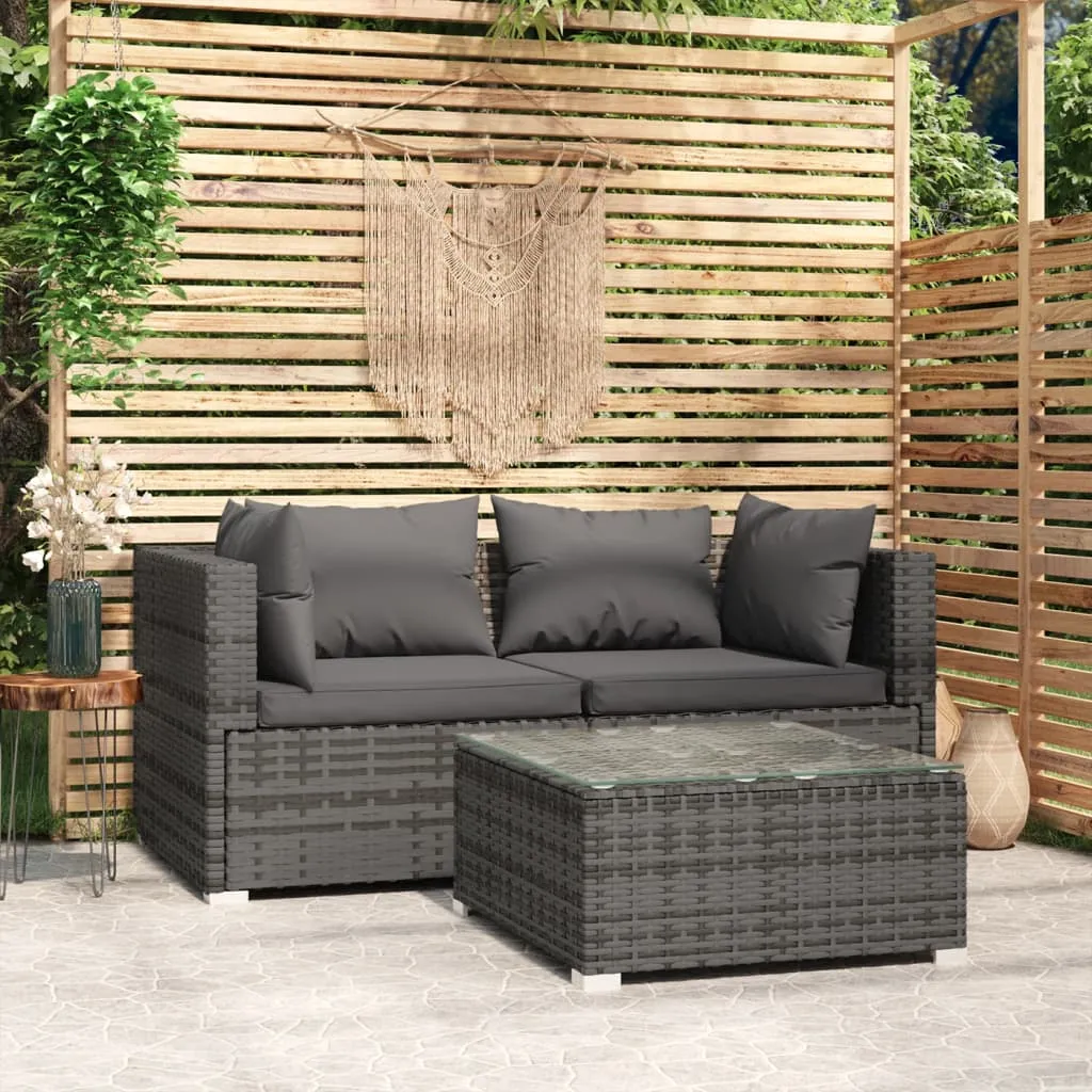 vidaXL Set Divani da Giardino 3 pz con Cuscini in Polyrattan Grigio