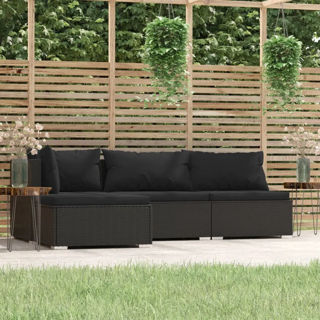 vidaXL Set Divani da Giardino 4 pz con Cuscini in Polyrattan Nero