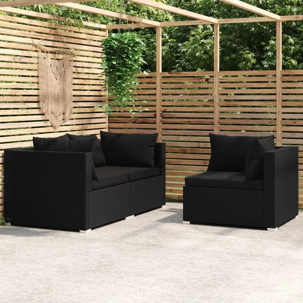 vidaXL Set Divani da Giardino 3 pz con Cuscini in Polyrattan Nero