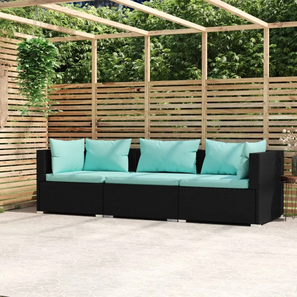 vidaXL Divano a 3 Posti con Cuscini in Polyrattan Nero