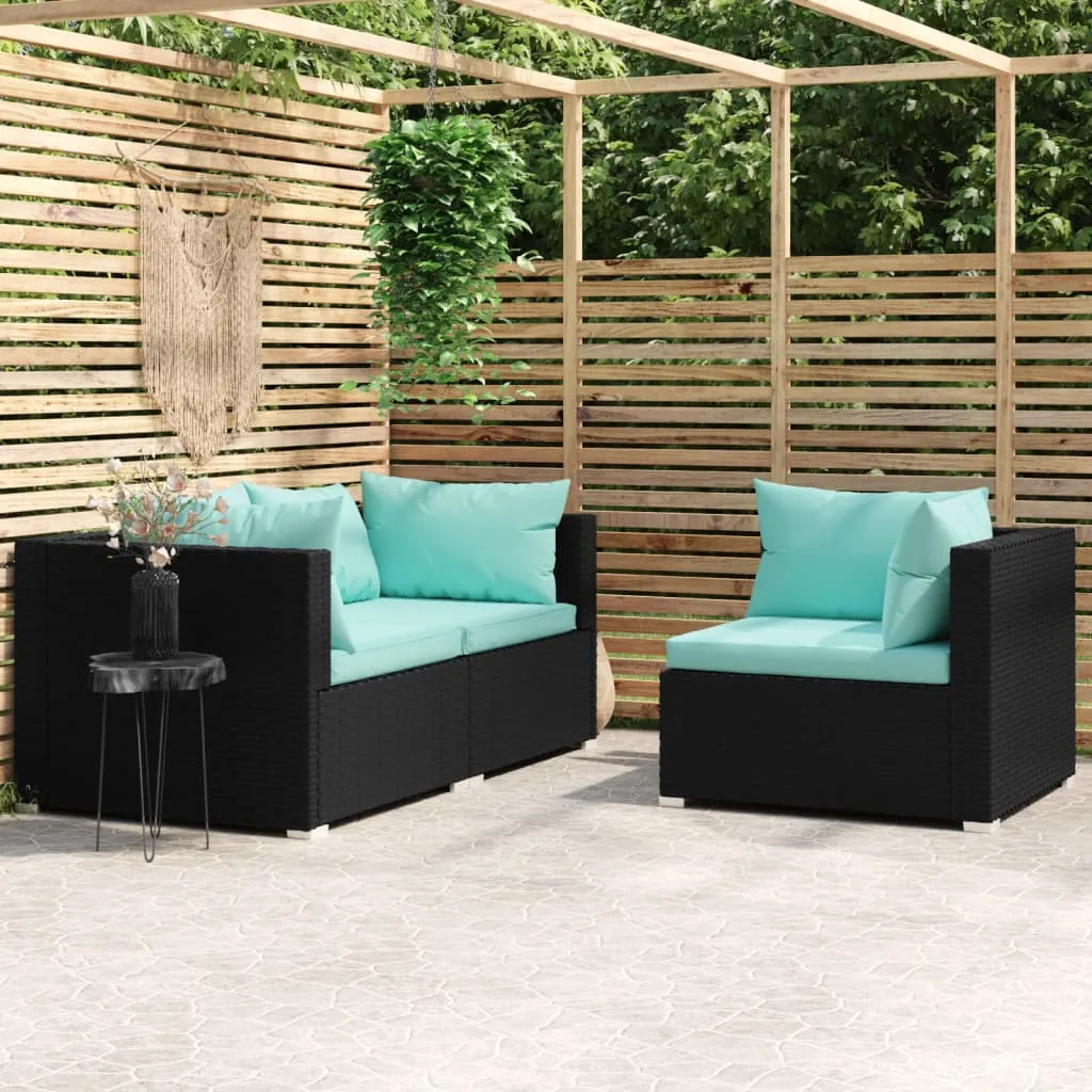 vidaXL Set Divani da Giardino 3 pz con Cuscini Nero in Polyrattan