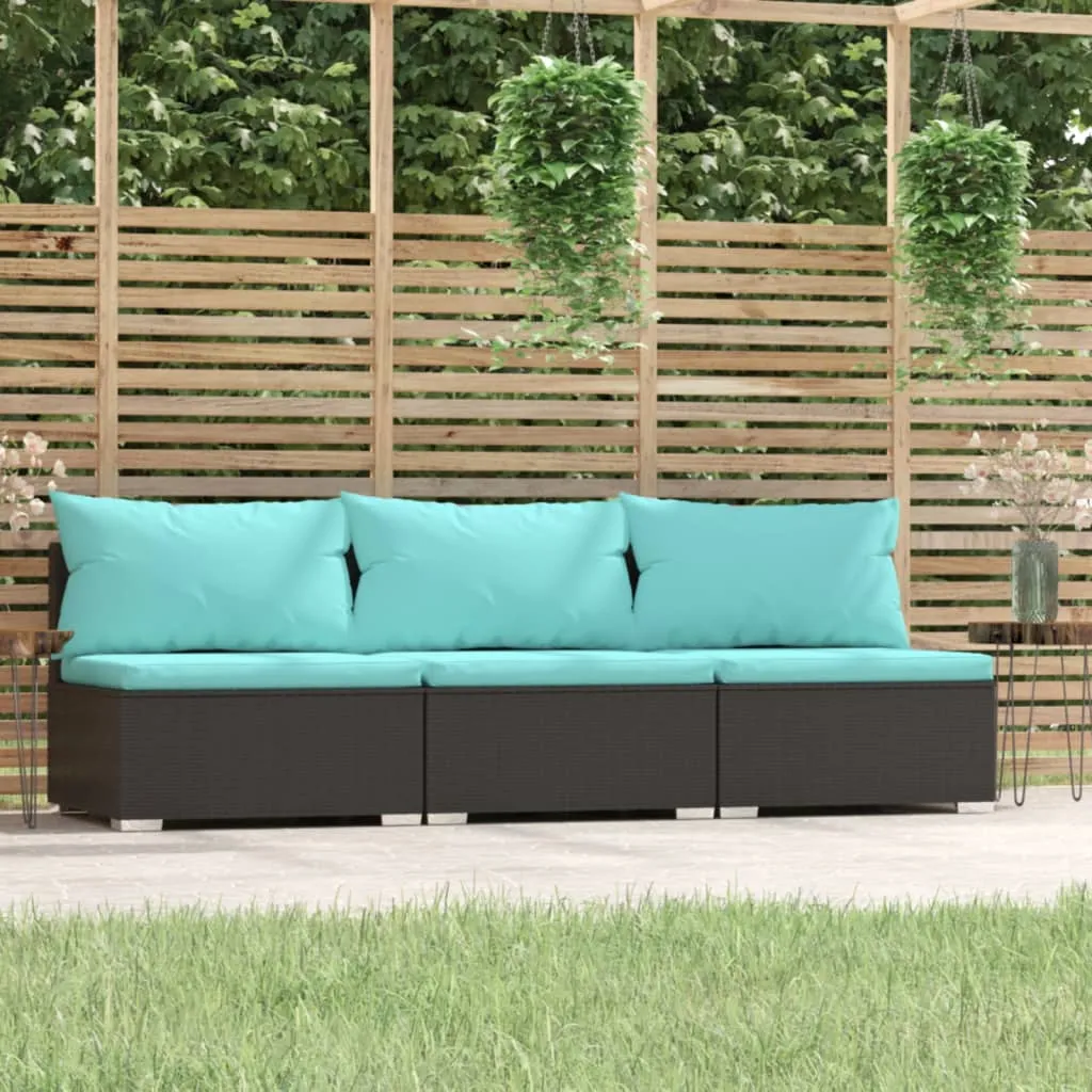 vidaXL Divano a 3 Posti con Cuscini in Polyrattan Nero