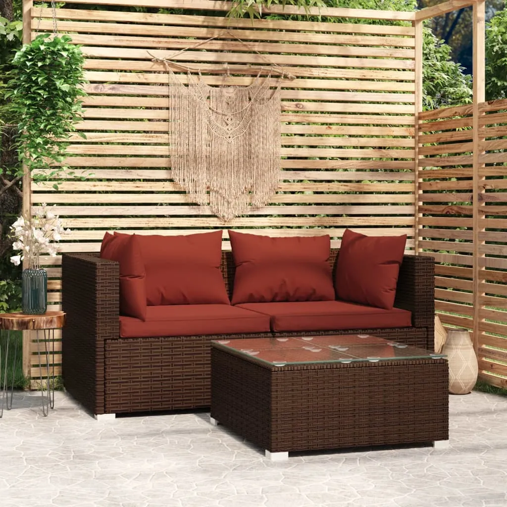 vidaXL Set Divano da Giardino 3 pz con Cuscini in Polyrattan Marrone