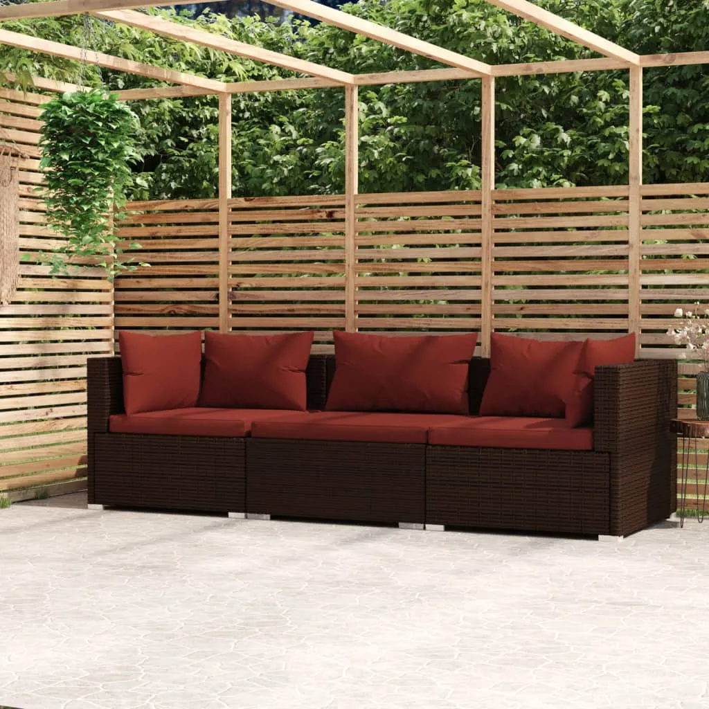 vidaXL Divano a 3 Posti con Cuscini in Polyrattan Marrone