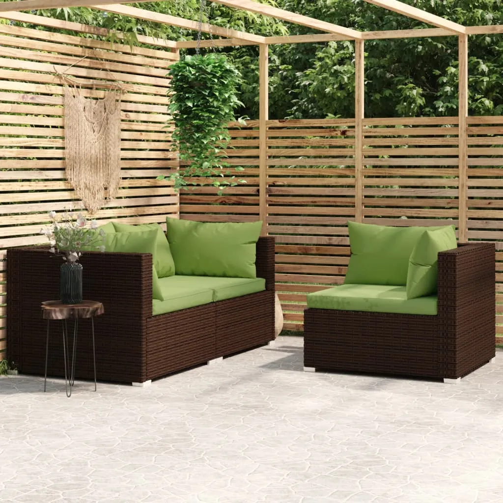 vidaXL Set Divano da Giardino 3 pz con Cuscini in Polyrattan Marrone