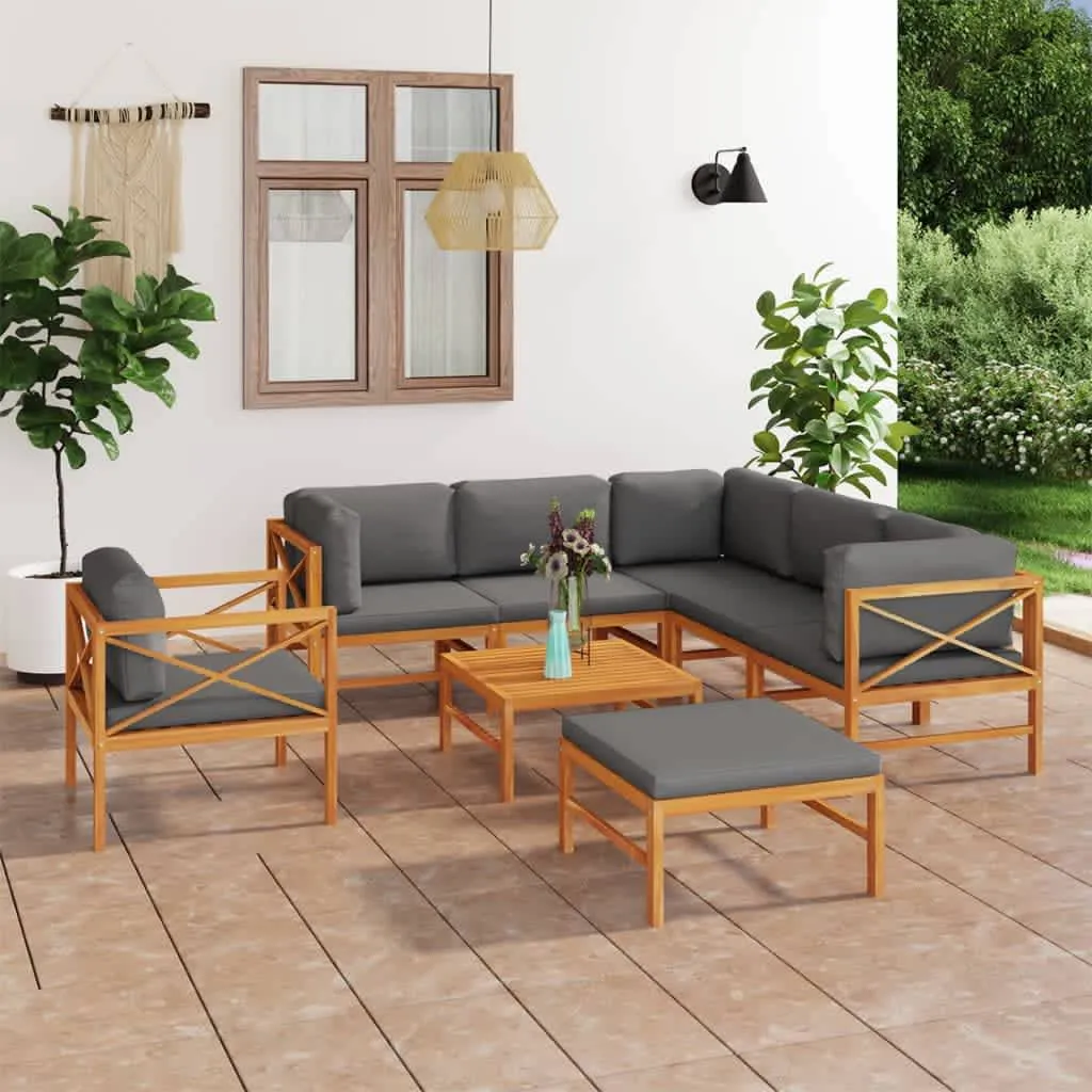 vidaXL Set Divani da Giardino 8pz Cuscini Grigi Legno Massello di Teak