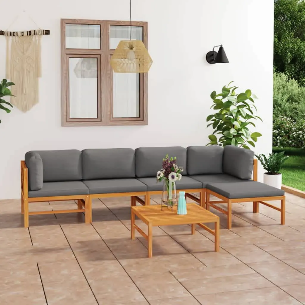 vidaXL Set Divani Giardino 6pz Cuscini Grigi in Legno Massello di Teak