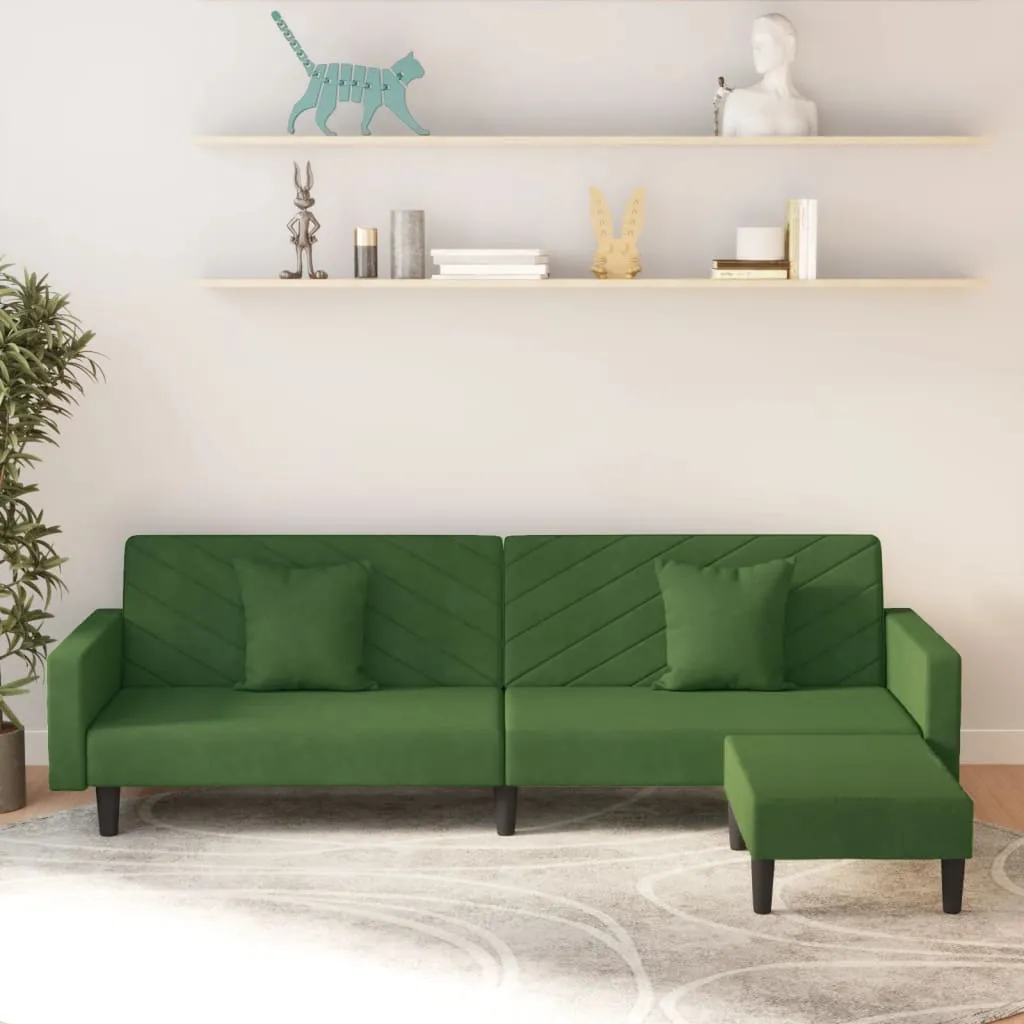 vidaXL Divano Letto a 2 Posti con 2 Cuscini e Pouf Verde Scuro Velluto