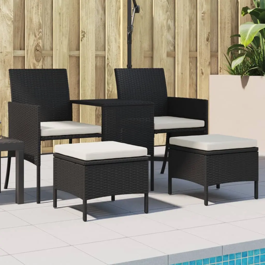 Divano Giardino 2 Posti con Tavolo e Sgabelli Nero Polyrattan