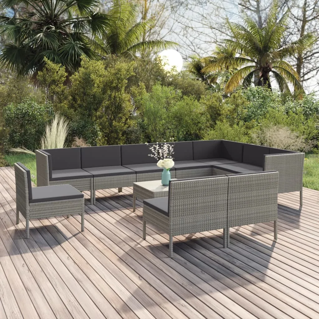 vidaXL Set Divani da Giardino 11 pz con Cuscini in Polyrattan Grigio