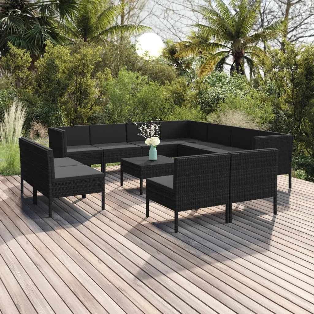 vidaXL Set Divani da Giardino 12 pz con Cuscini in Polyrattan Nero