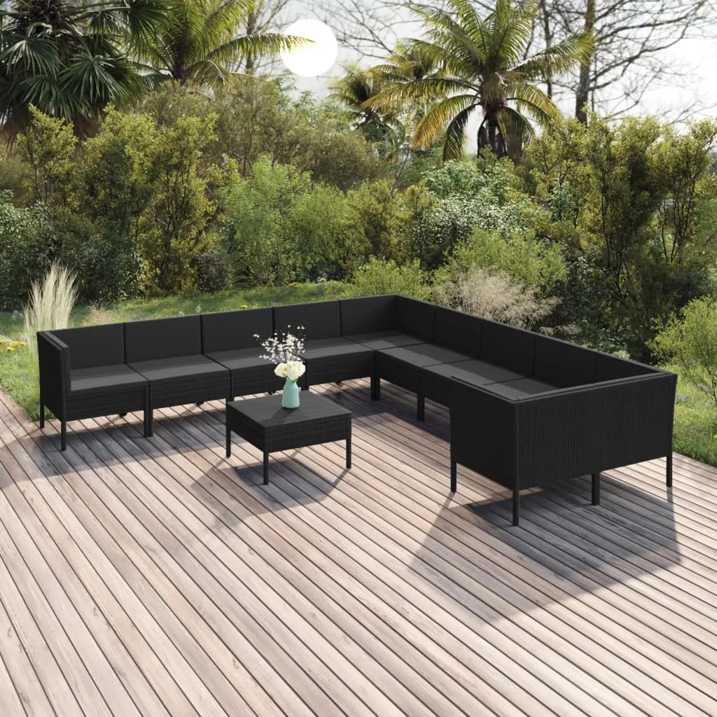 vidaXL Set Divani da Giardino 11 pz con Cuscini in Polyrattan Nero