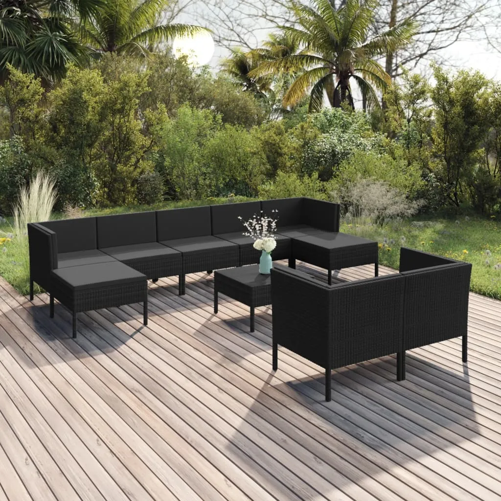 vidaXL Set Divani da Giardino 10 pz con Cuscini in Polyrattan Nero