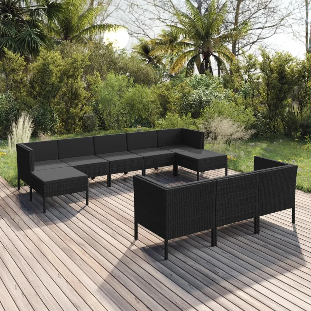 vidaXL Set Divani da Giardino 10 pz con Cuscini in Polyrattan Nero