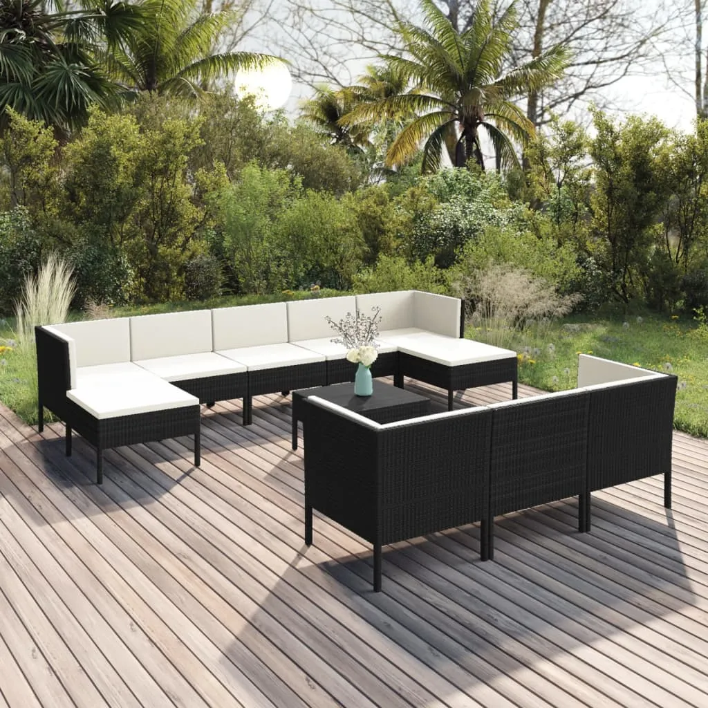 vidaXL Set Divani da Giardino 11 pz con Cuscini in Polyrattan Nero