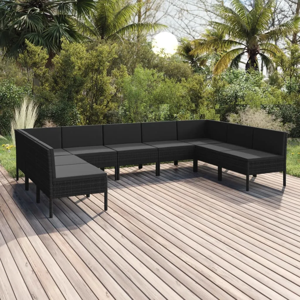 vidaXL Set Divani da Giardino 9 pz con Cuscini in Polyrattan Nero