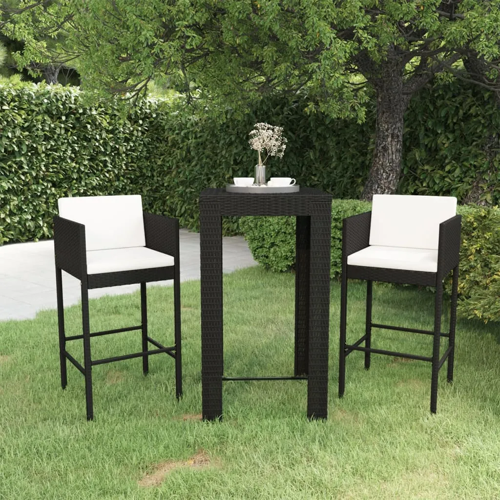 vidaXL Set Bar da Giardino 3 pz con Cuscini Polyrattan Nero