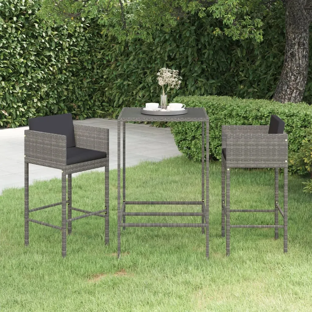 vidaXL Set Bar da Giardino 3 pz con Cuscini in Polyrattan Grigio