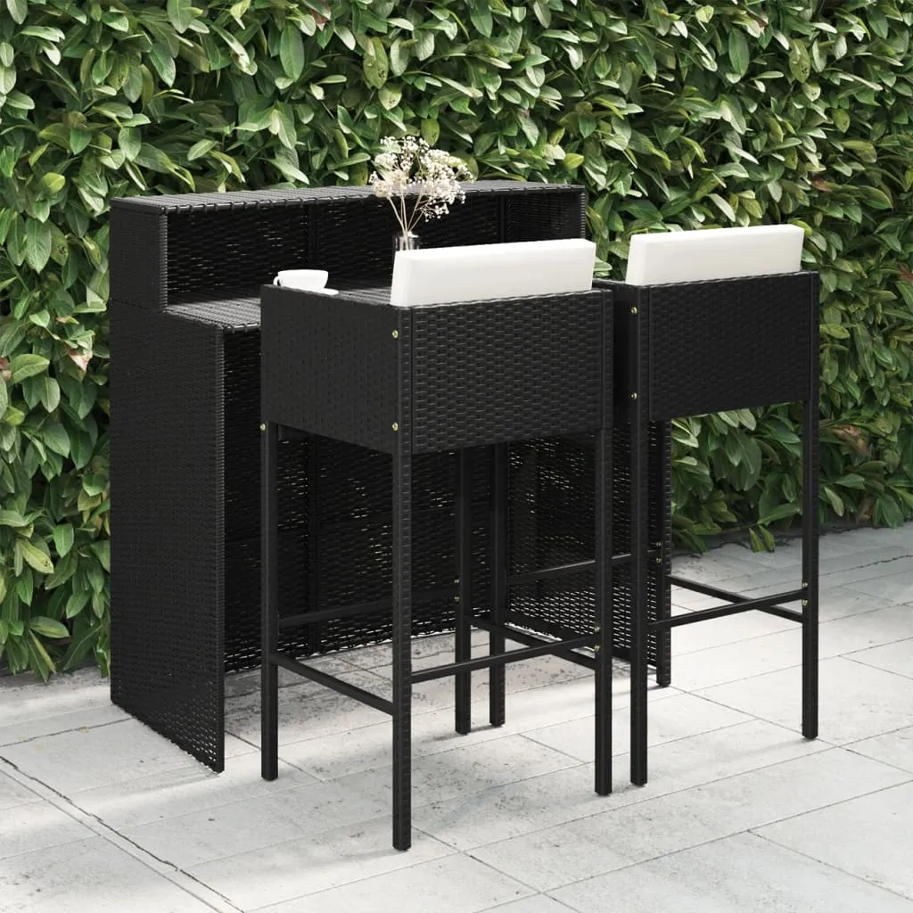 vidaXL Set Bar da Giardino 3 pz con Cuscini Polyrattan Nero