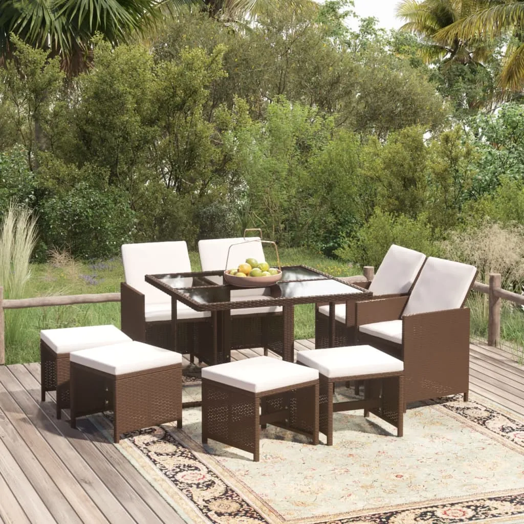 vidaXL Set da Pranzo per Giardino 9 pz con Cuscini Polyrattan Marrone