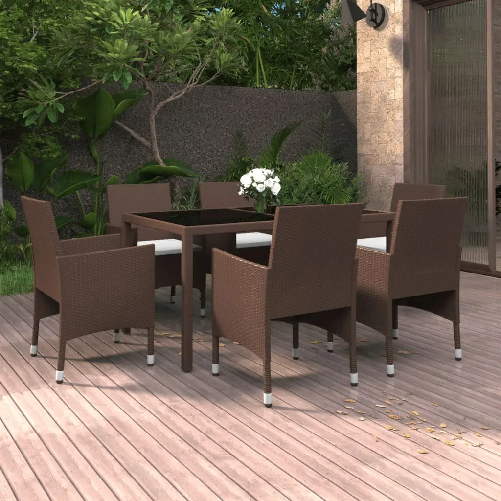 Set Pranzo da Giardino 7pz Polyrattan e Vetro Temperato Marrone