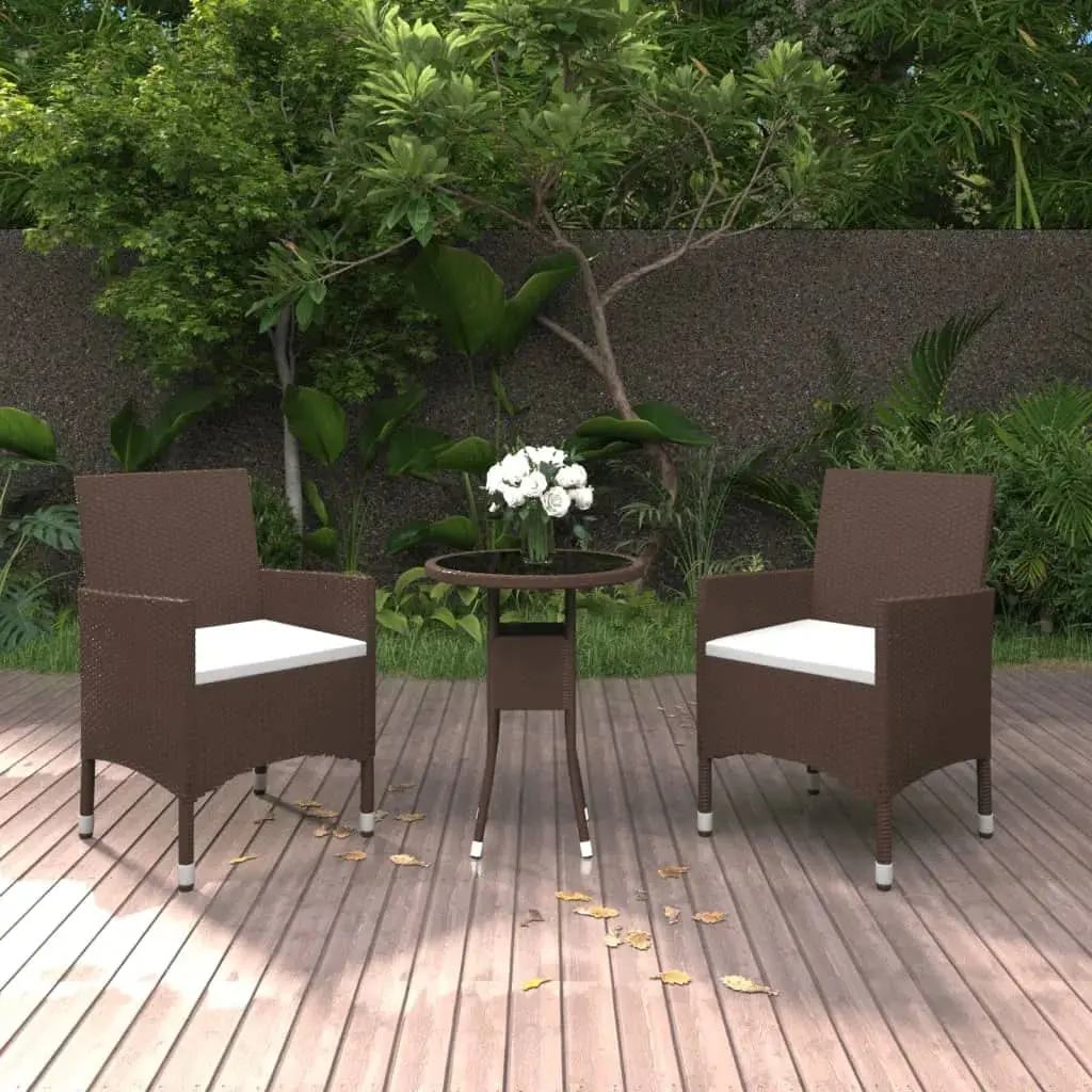 Set Bistrot Giardino 3 pz Polyrattan e Vetro Temperato Marrone